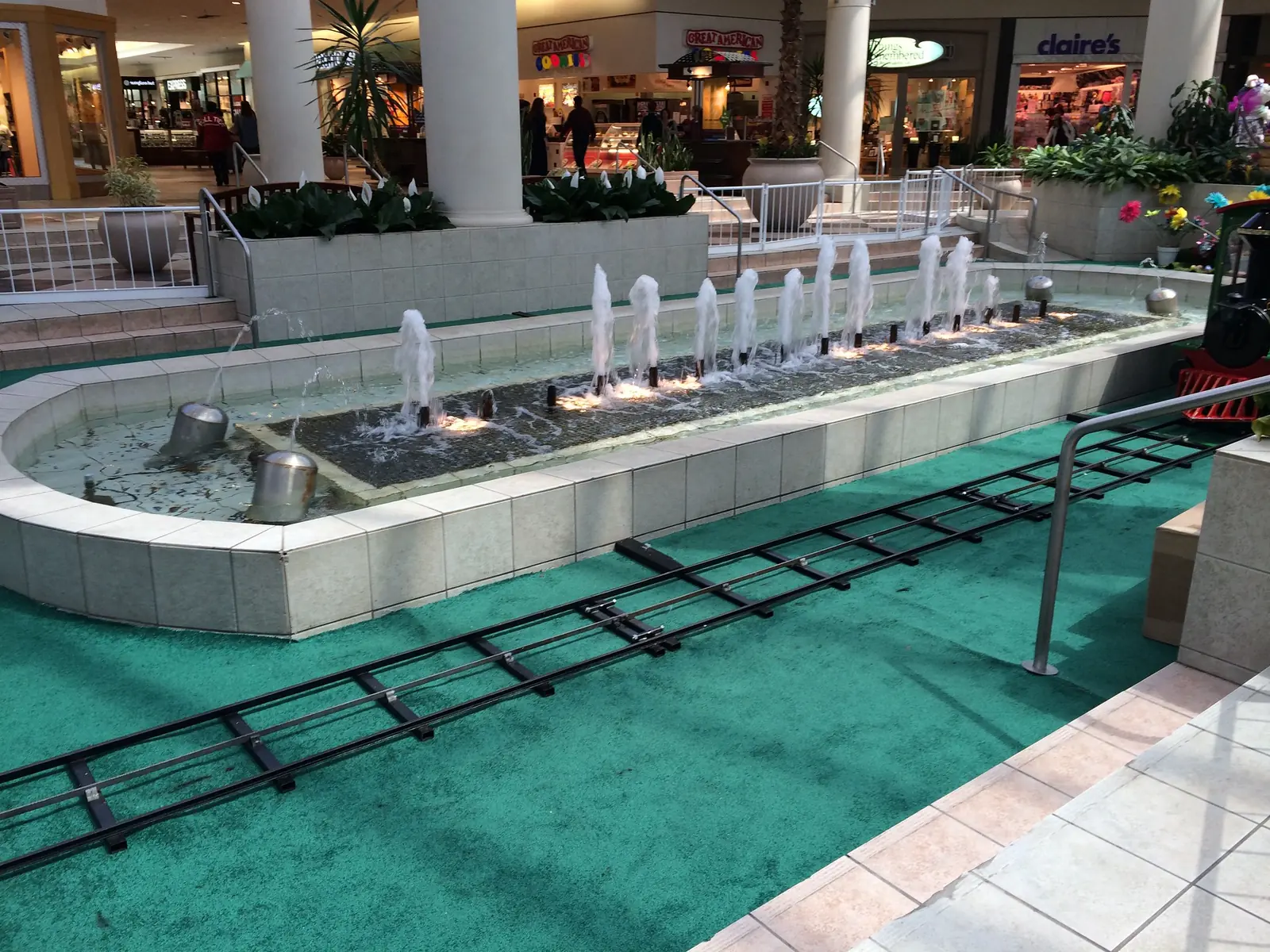 The fountain and the children's train track in the center court of University Mall on McFarland Boulevard East in Tuscaloosa.
