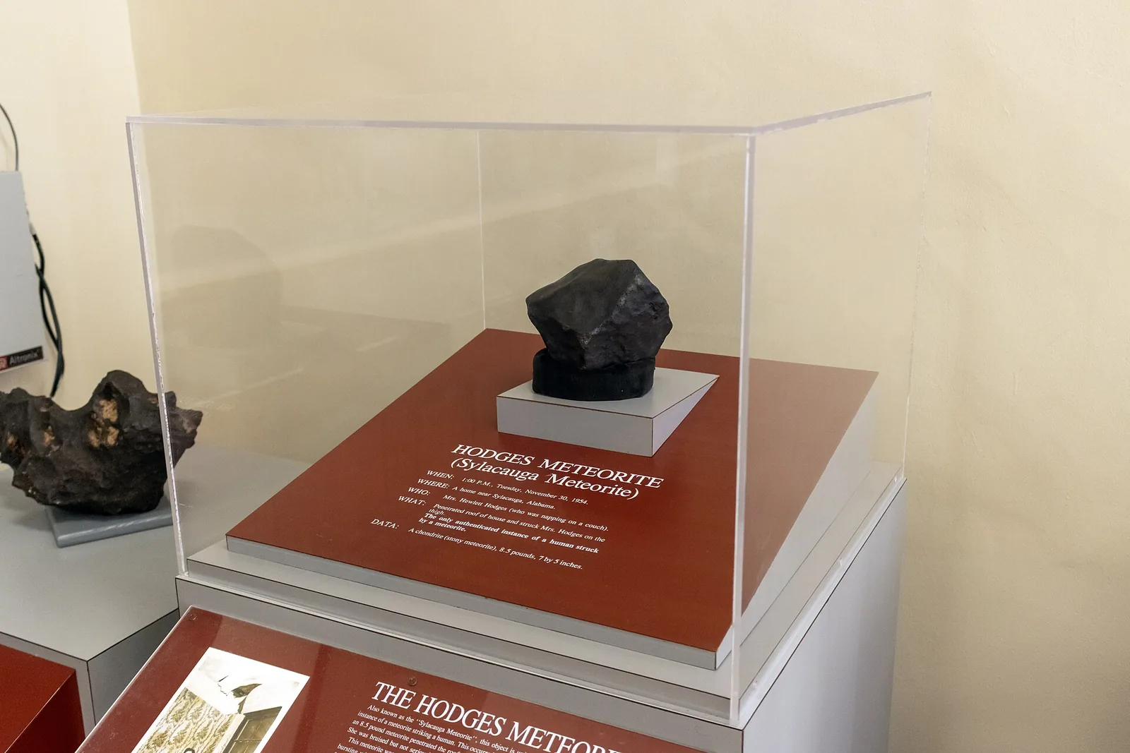 The Hodges meteorite, the only authenticated meteorite known to have struck a person, on display at the Alabama Museum of Natural History in Tuscaloosa.