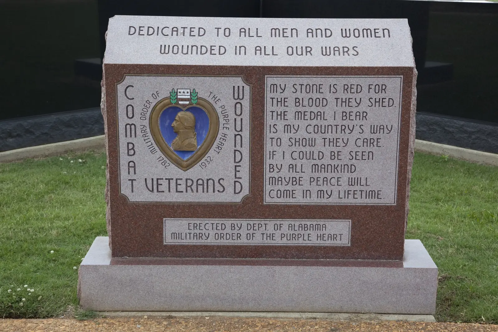 The Military Order of the Purple Heart's monument to combat-wounded veterans at Veterans Memorial Park on McFarland Boulevard East in Tuscaloosa.