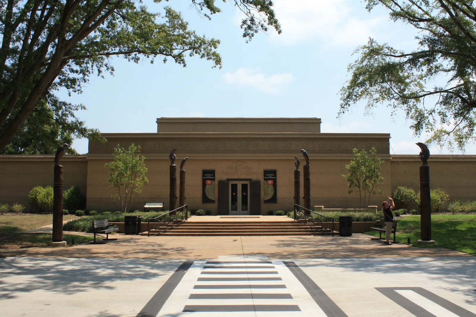 The Jones Archaeological Museum, flanked by carved bird posts, at Moundville Archaeological Park, the home of the Moundville Native American Festival.