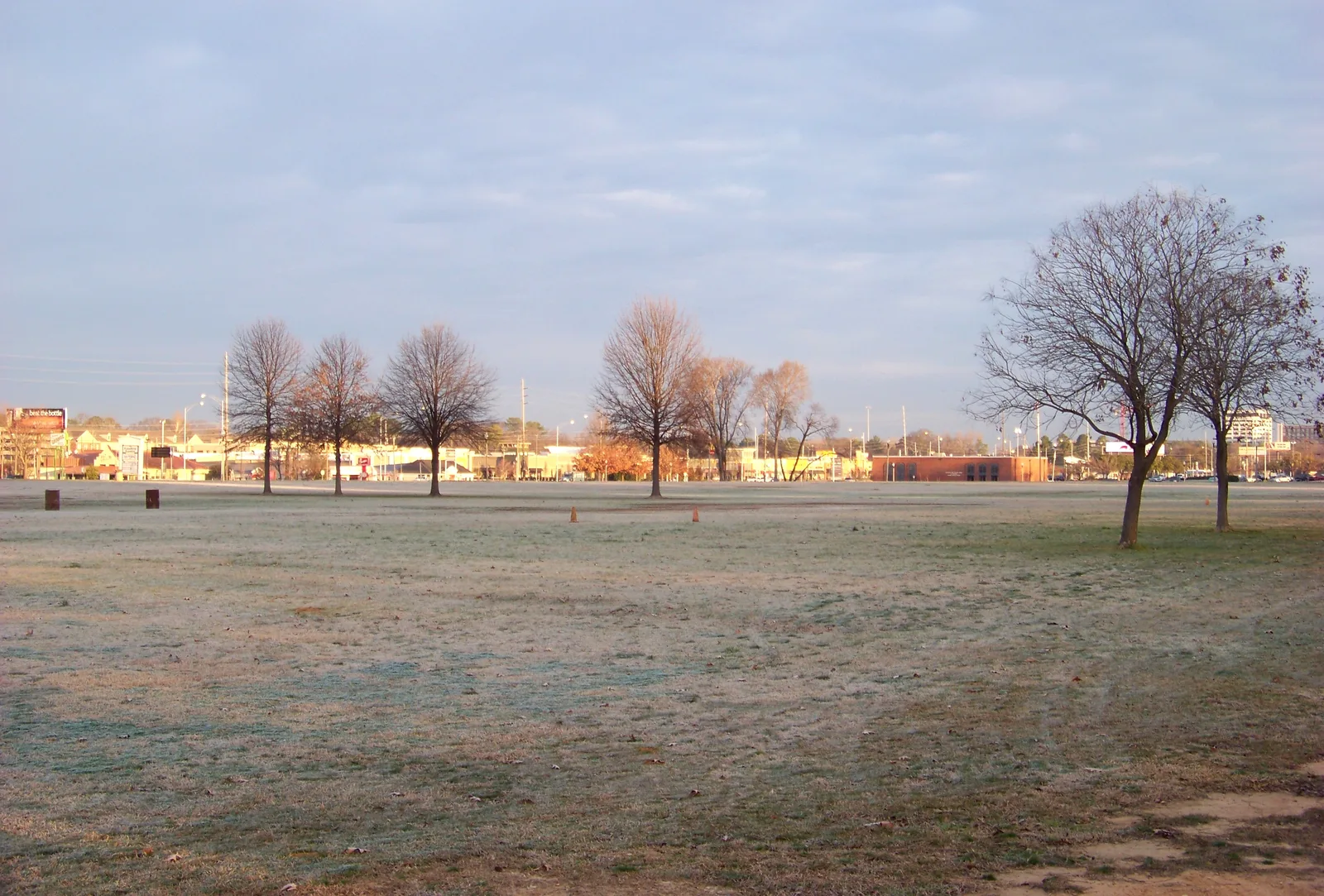The open lawn of Snow Hinton Park, with McFarland Boulevard businesses behind it, on the eastern edge of Forest Lake in Tuscaloosa.