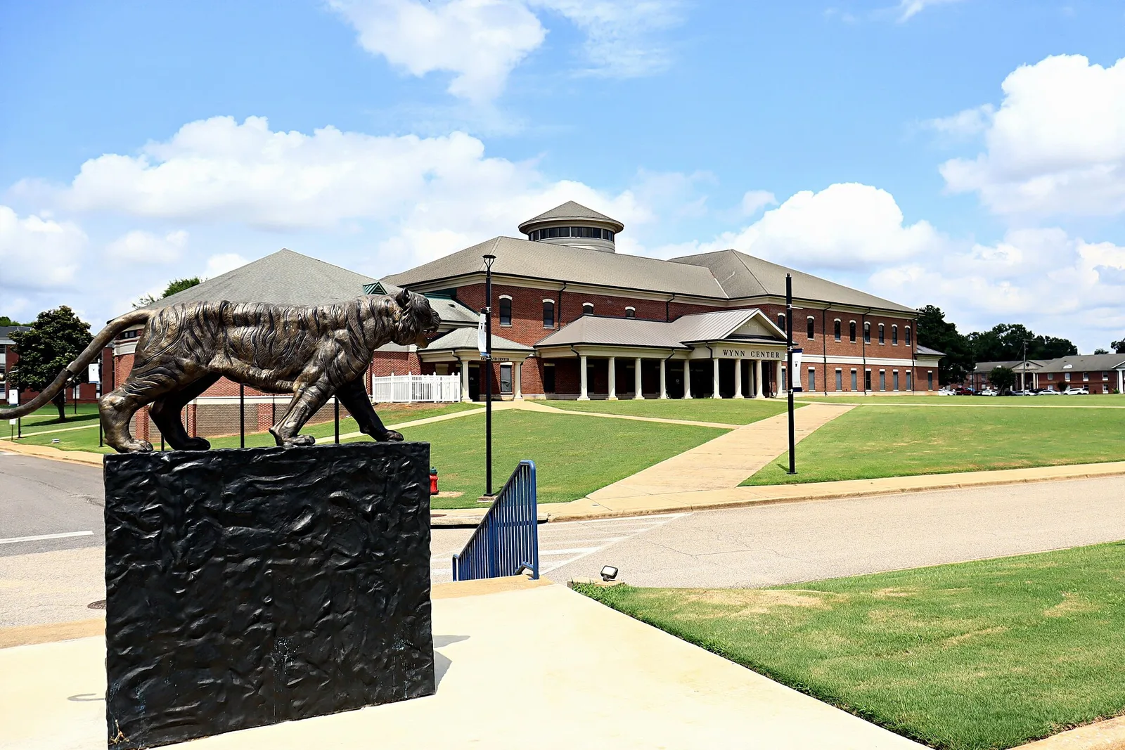 A tiger statue in front of a campus building at Stillman College in West Tuscaloosa.