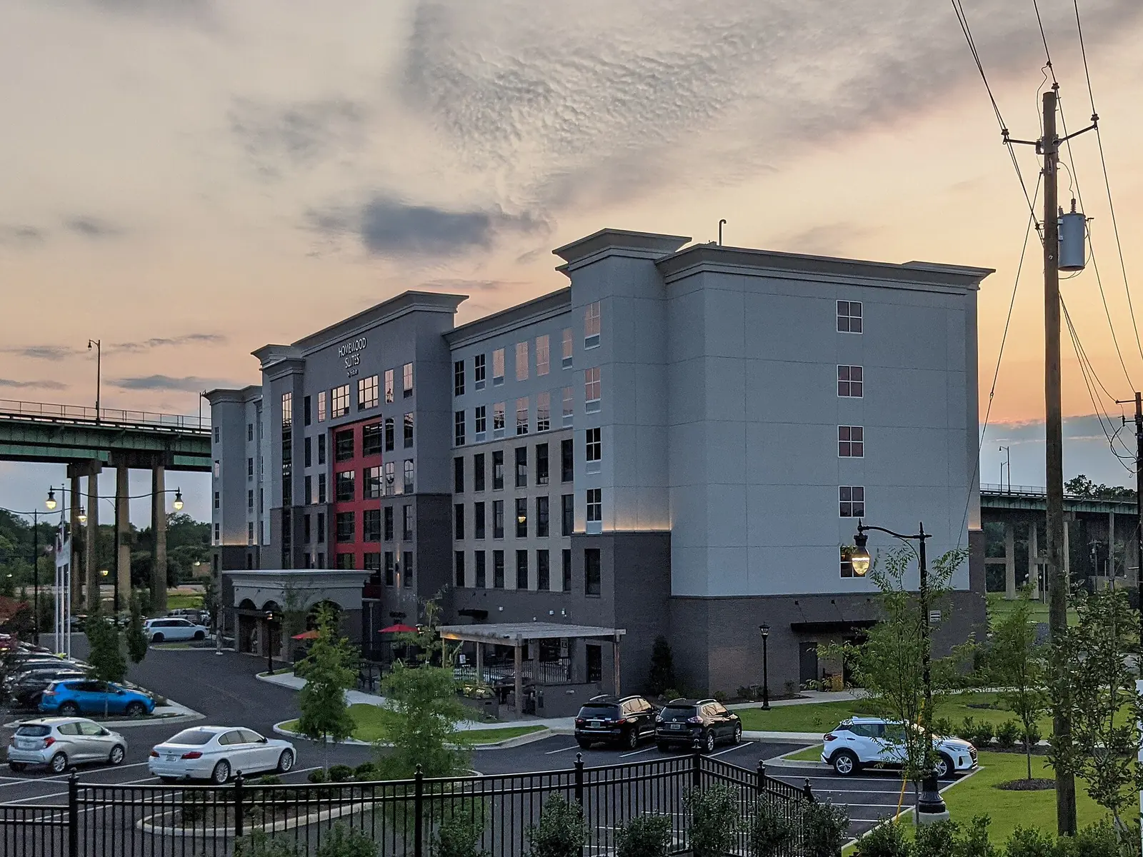 Homewood Suites by Hilton Tuscaloosa Downtown at dusk, home of The 205, one of the bars in the city's downtown Arts and Entertainment District.