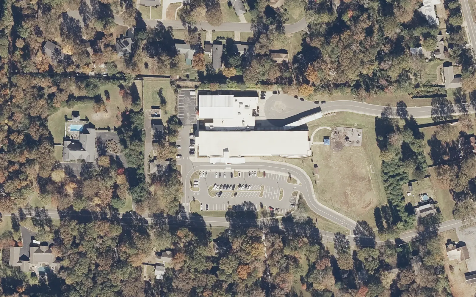 Arcadia Elementary School on Arcadia Drive in east Tuscaloosa, seen from the air in 2021