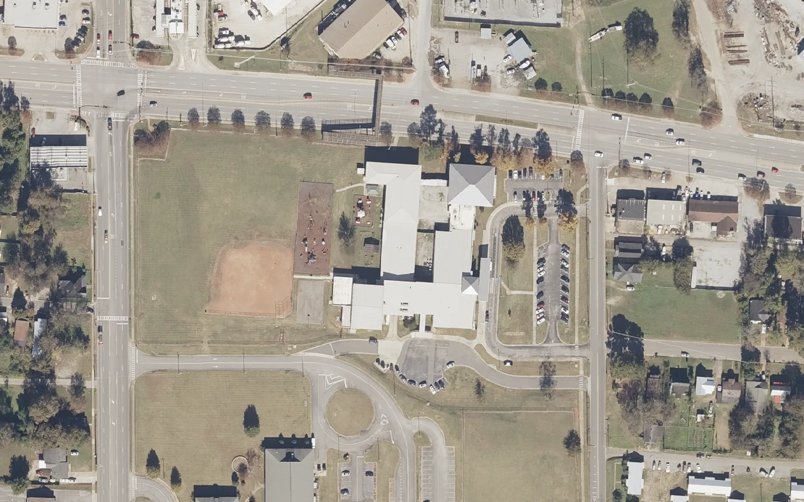 Central Elementary School on Dinah Washington Avenue in west Tuscaloosa, with its ball field, seen from the air in 2021