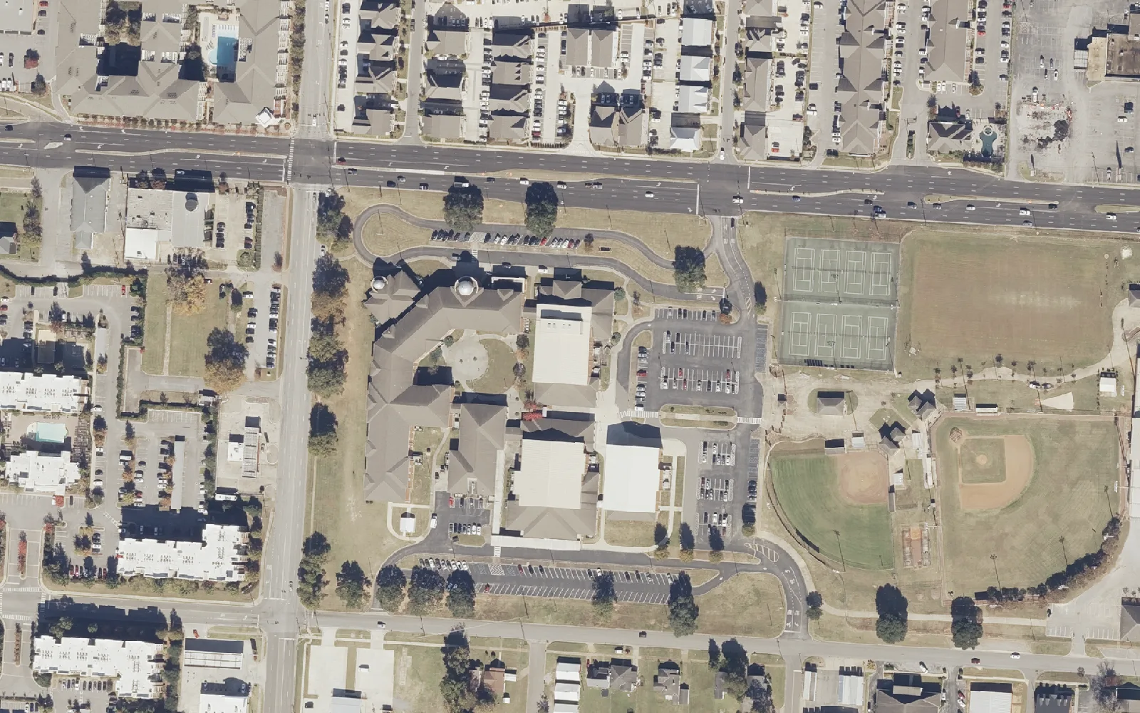 Central High School's campus on 15th Street in Tuscaloosa, seen from the air in 2021