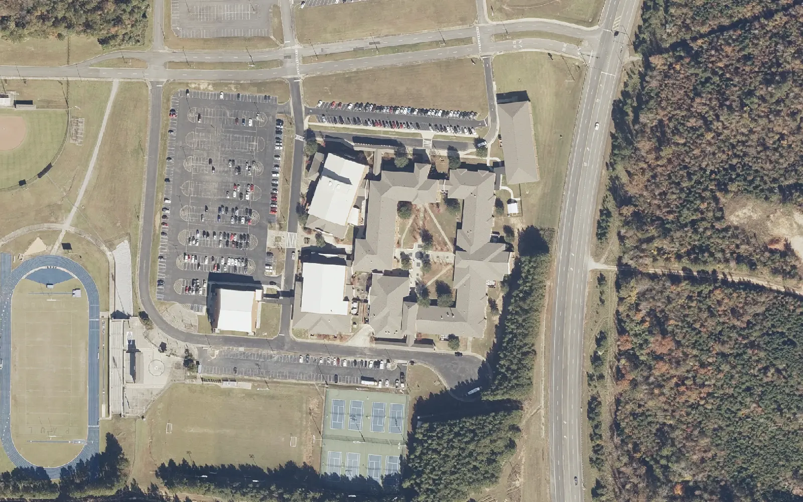 Paul W. Bryant High School's campus, stadium and track on Mary Harmon Bryant Drive in east Tuscaloosa, seen from the air in 2021