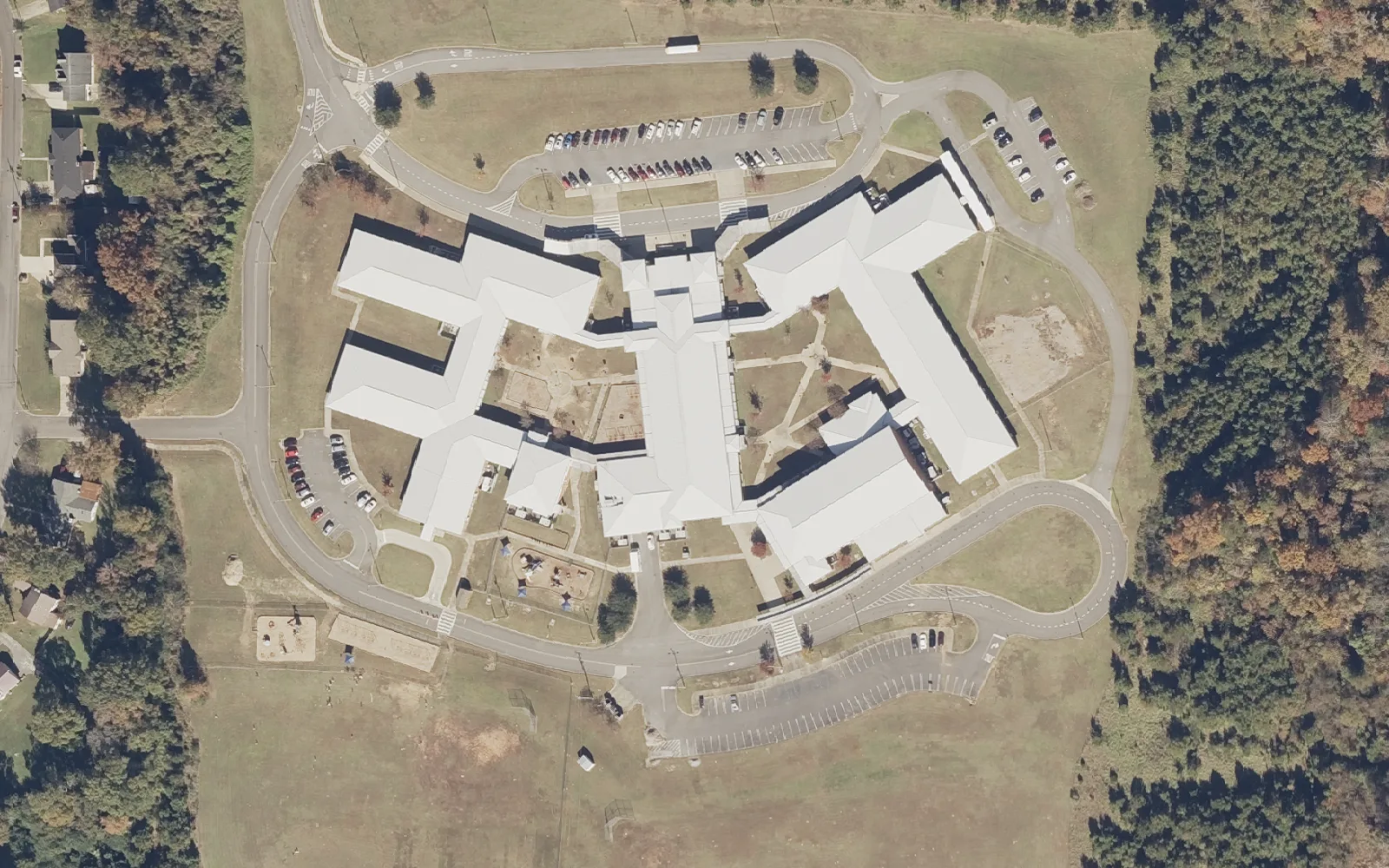 Southview Elementary School on Southview Drive in south Tuscaloosa, seen from the air in 2021