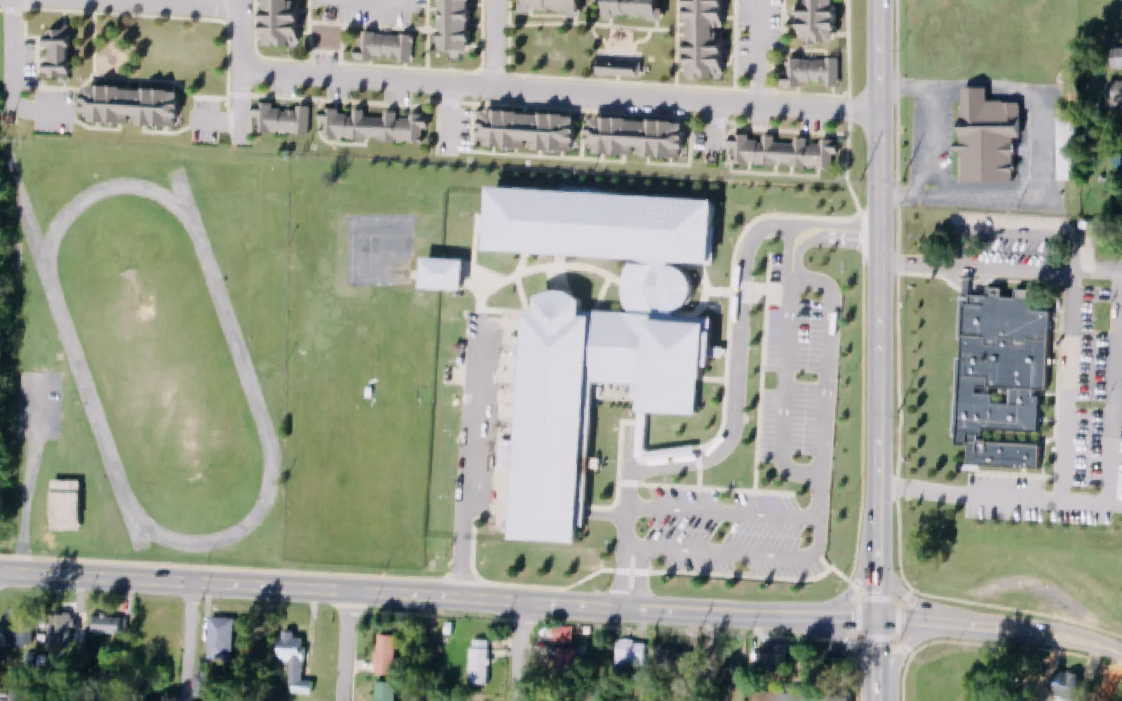 The Tuscaloosa Career and Technology Academy building and track on Martin Luther King Jr. Boulevard in west Tuscaloosa, seen from the air in 2019