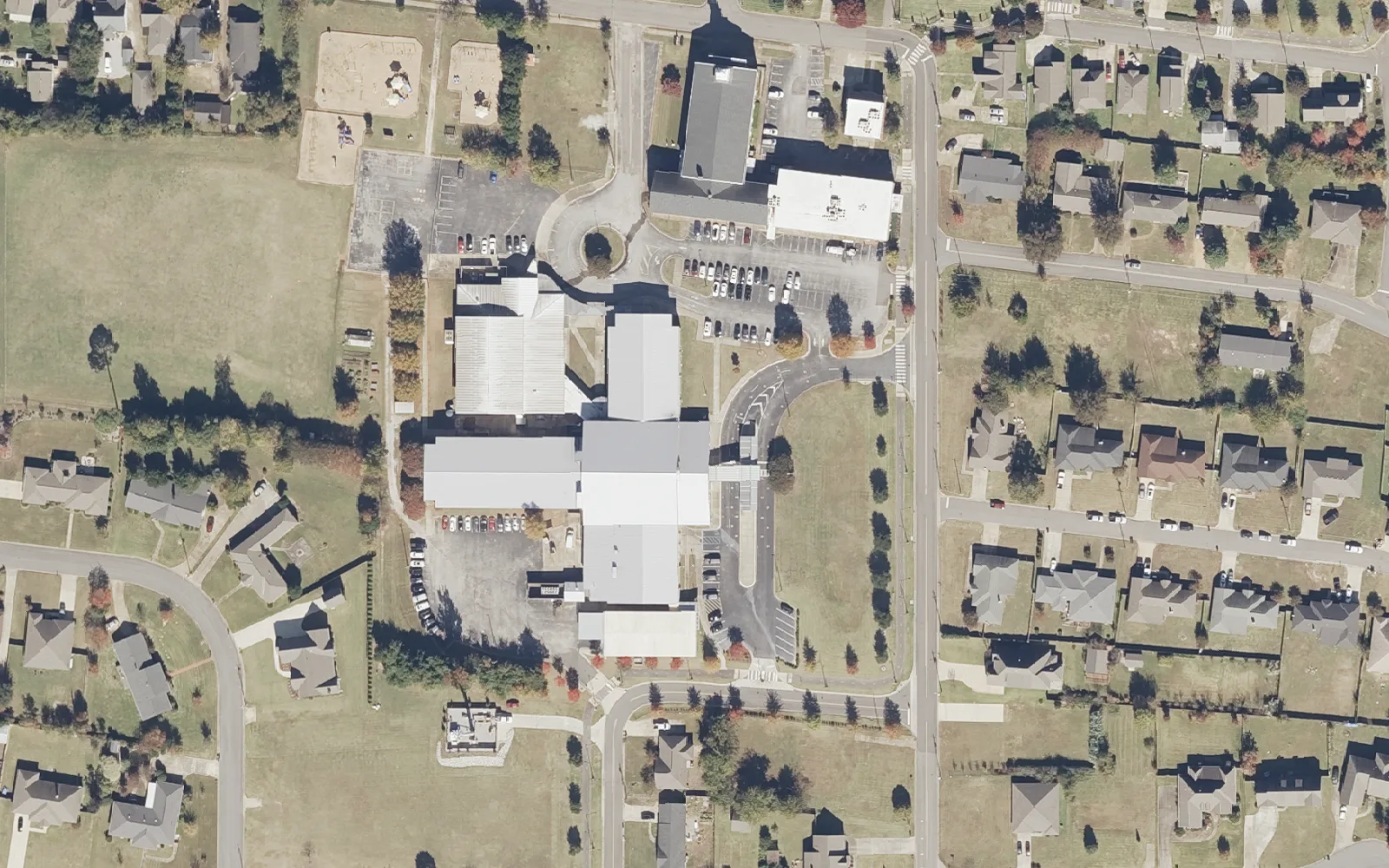 University Place Elementary School on First Avenue in Tuscaloosa, seen from the air in 2021