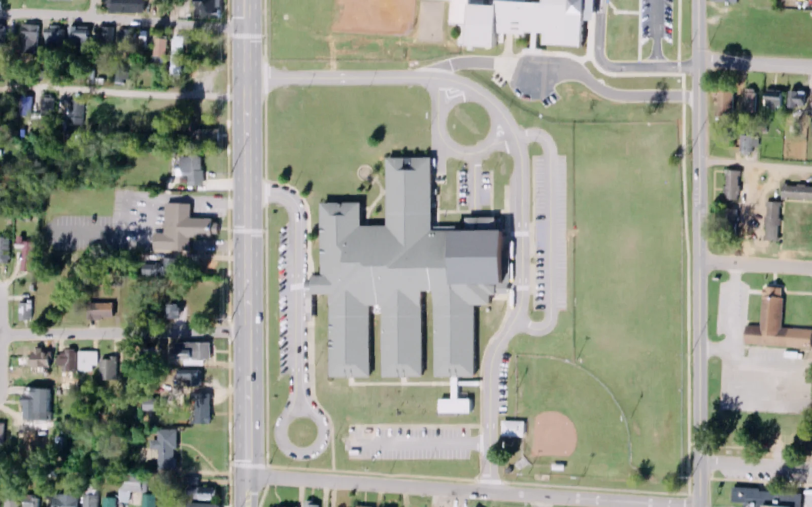 Westlawn Middle School on Martin Luther King Jr. Boulevard in west Tuscaloosa, seen from the air in 2019
