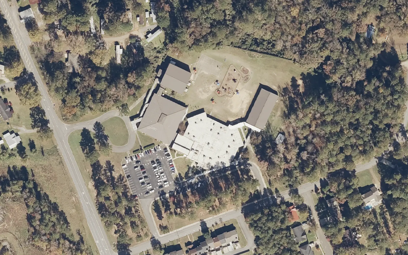 Woodland Forrest Elementary School off East Hargrove Road East in southeast Tuscaloosa, seen from the air in 2021